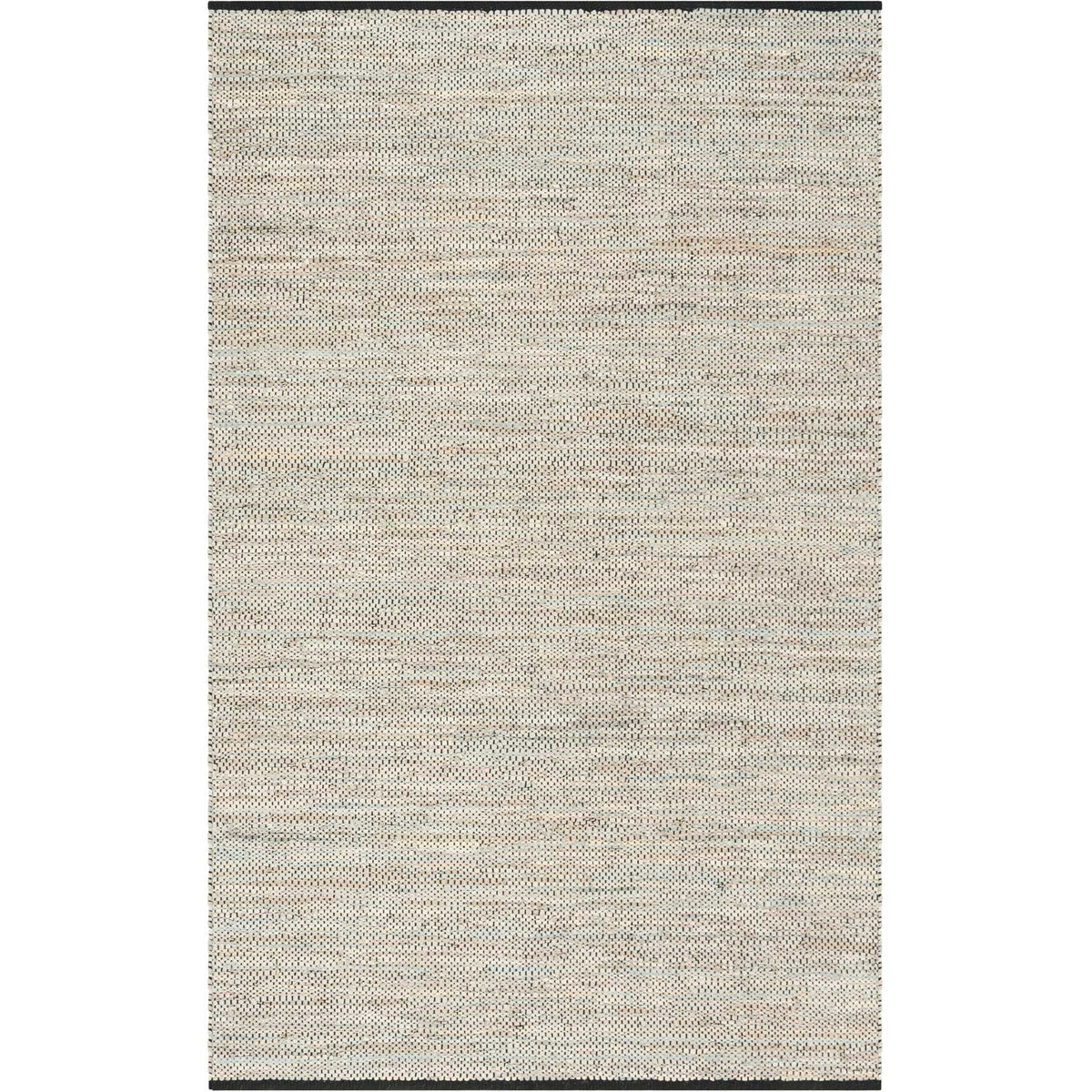 Handwoven beige rug with cream flecks and a dark bound edge