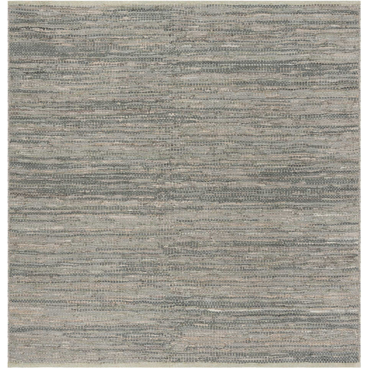 Square gray rug pairs quiet tonal stripes with natural leather texture