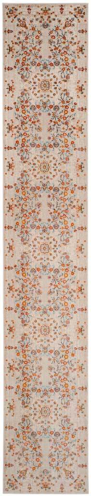 Extra-long gray runner features repeating floral sprays in warm orange and pale blue