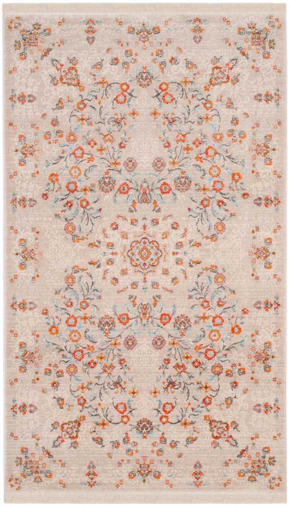 Compact gray rug with paired orange floral sprays and soft blue highlights