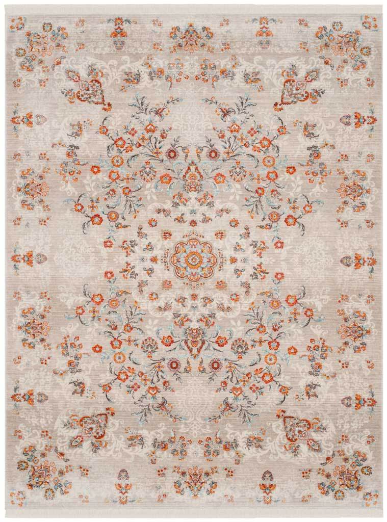 Pale gray rug with a dainty central medallion and scattered warm florals