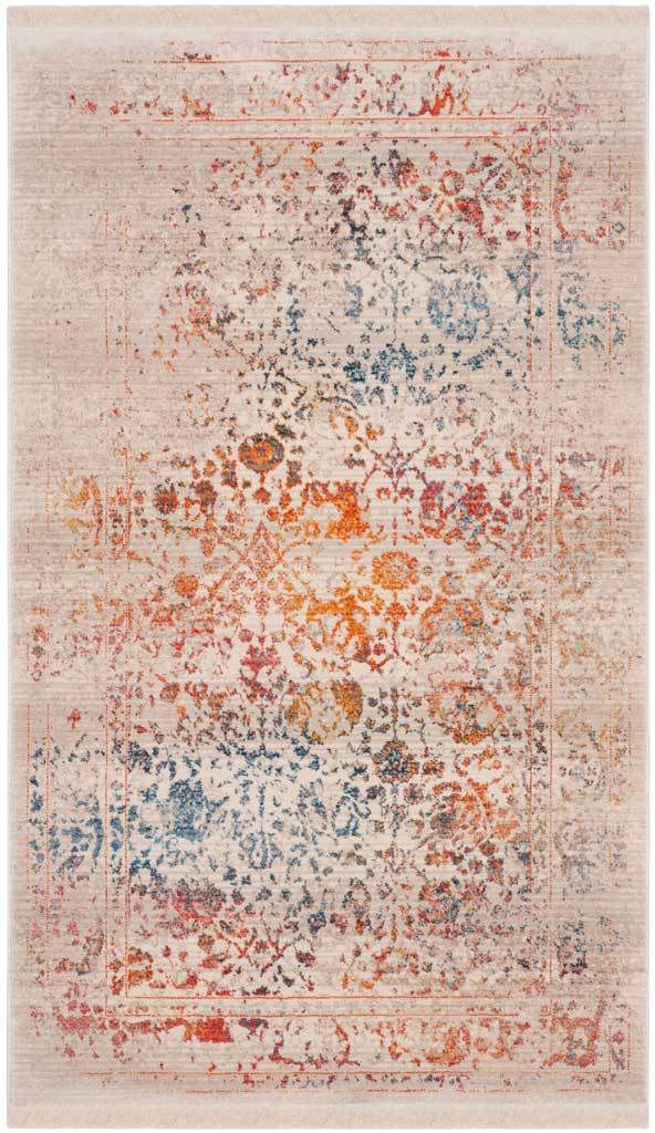 Compact light gray rug layers washed orange blossoms over soft blue accents