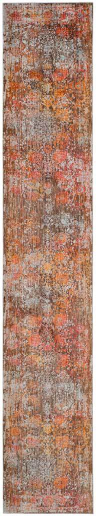 Extra-long brown runner carries a faded mix of rust florals and gray accents