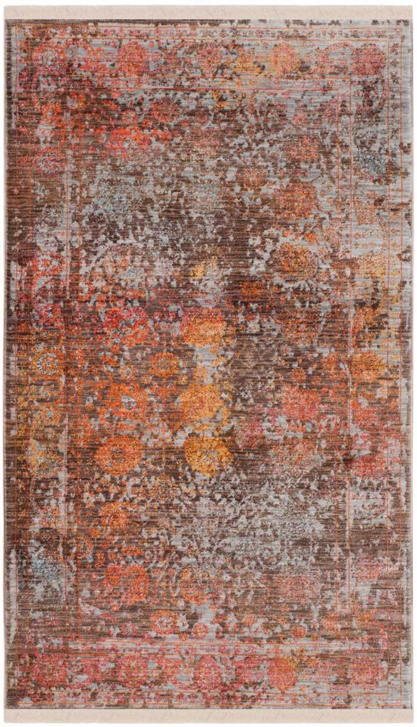 Compact brown rug with washed orange botanical motifs and an ornate frame