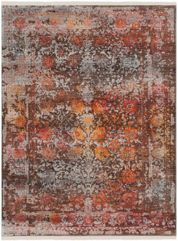 Brown multicolor rug blends rust florals with weathered gray accents