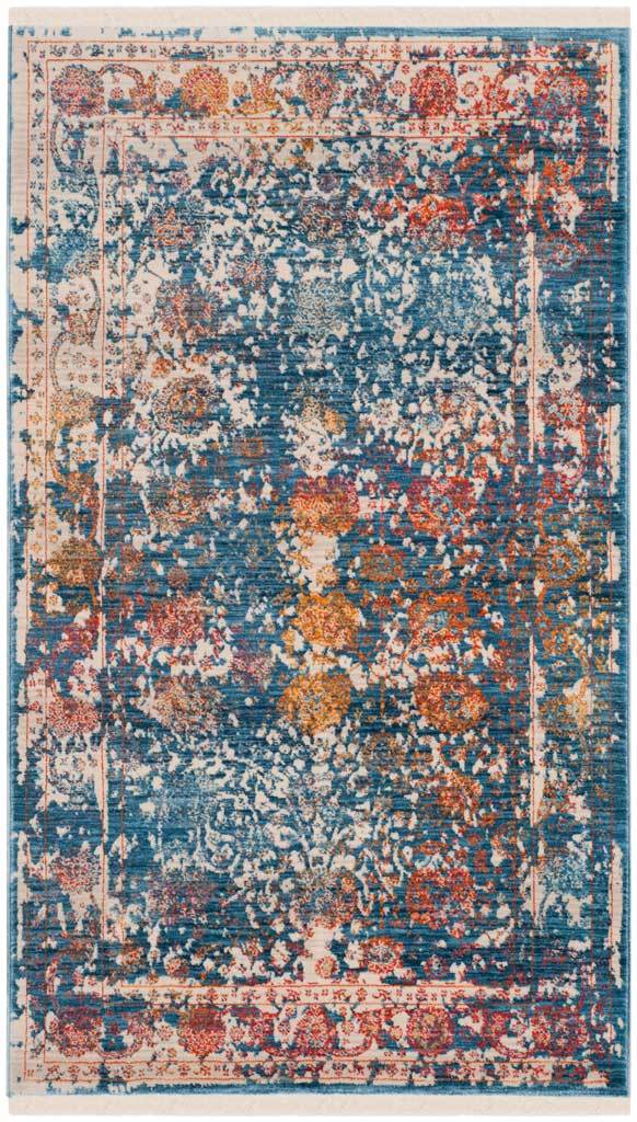 Compact blue rug with warm orange florals and a cream patterned frame