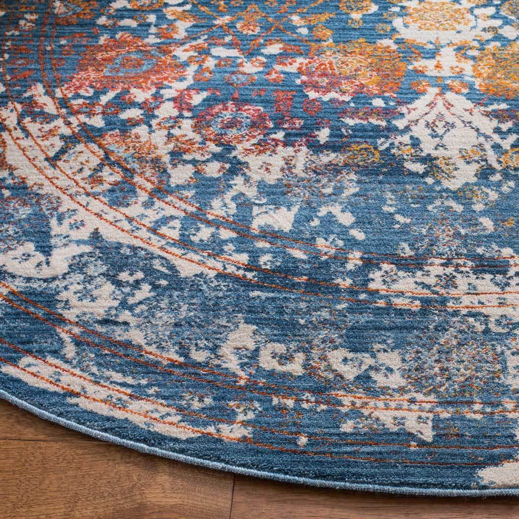 Turquoise, ivory and rust hues mingle in a worn-look pattern beside a neatly bound edge.