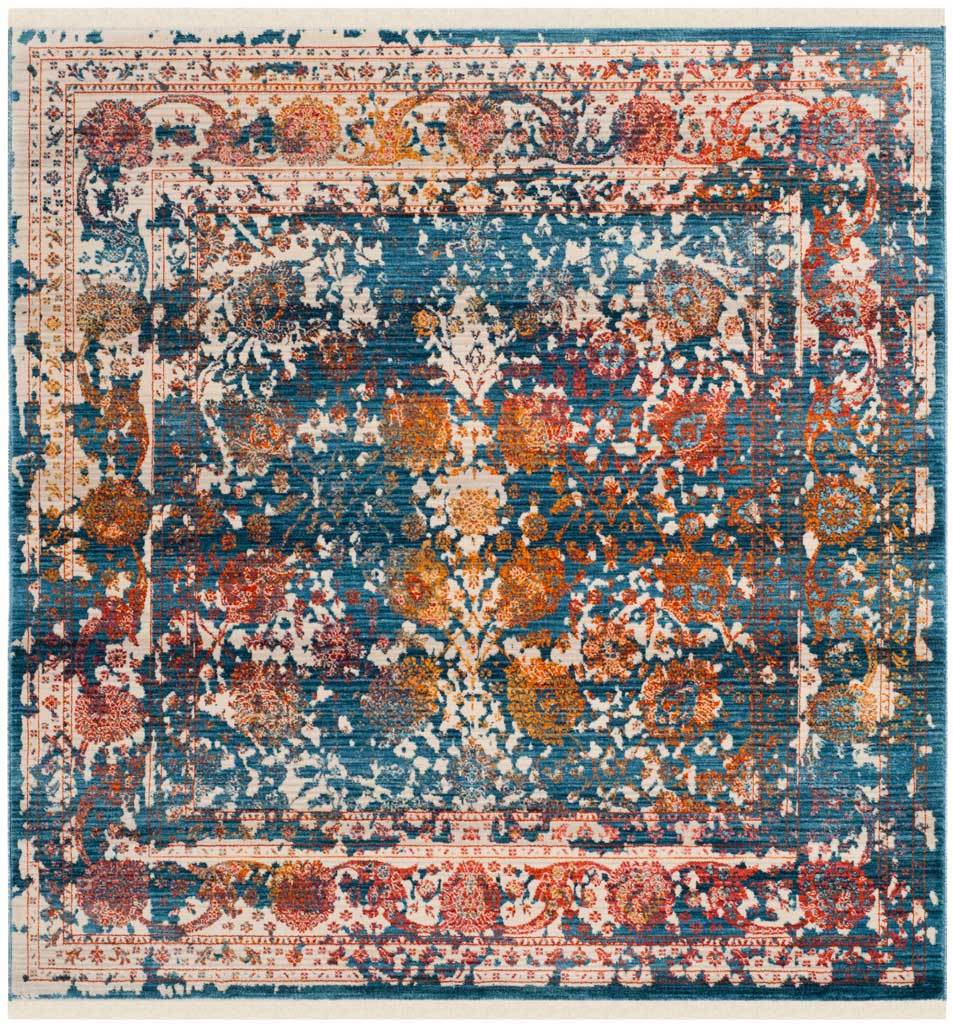 Square turquoise rug with vivid rust florals and layered ivory borders