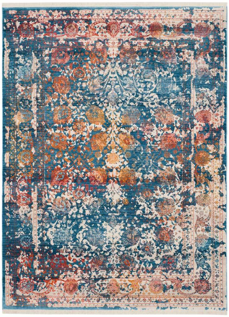 Blue rug blends orange and coral blossoms into a richly distressed floral field