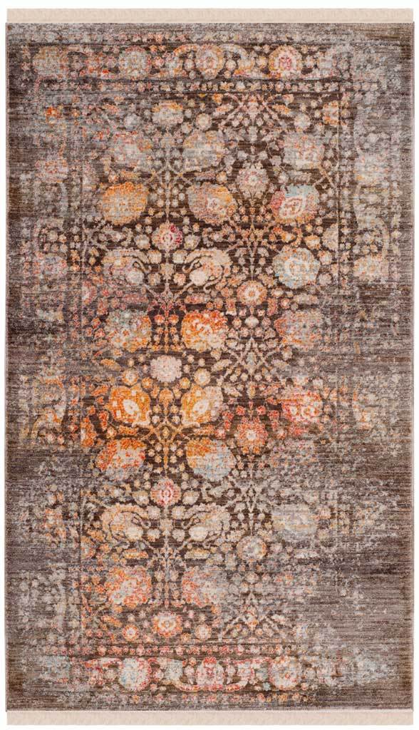 Small brown rug with intricate orange and ivory blossoms and worn detailing