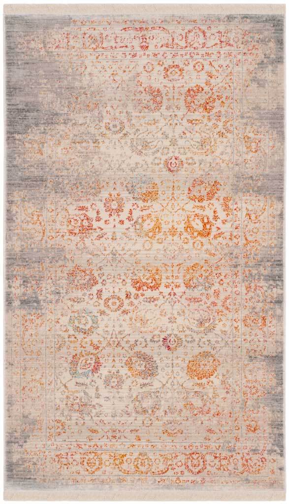 Narrow gray rug with understated orange florals and pale blue accents