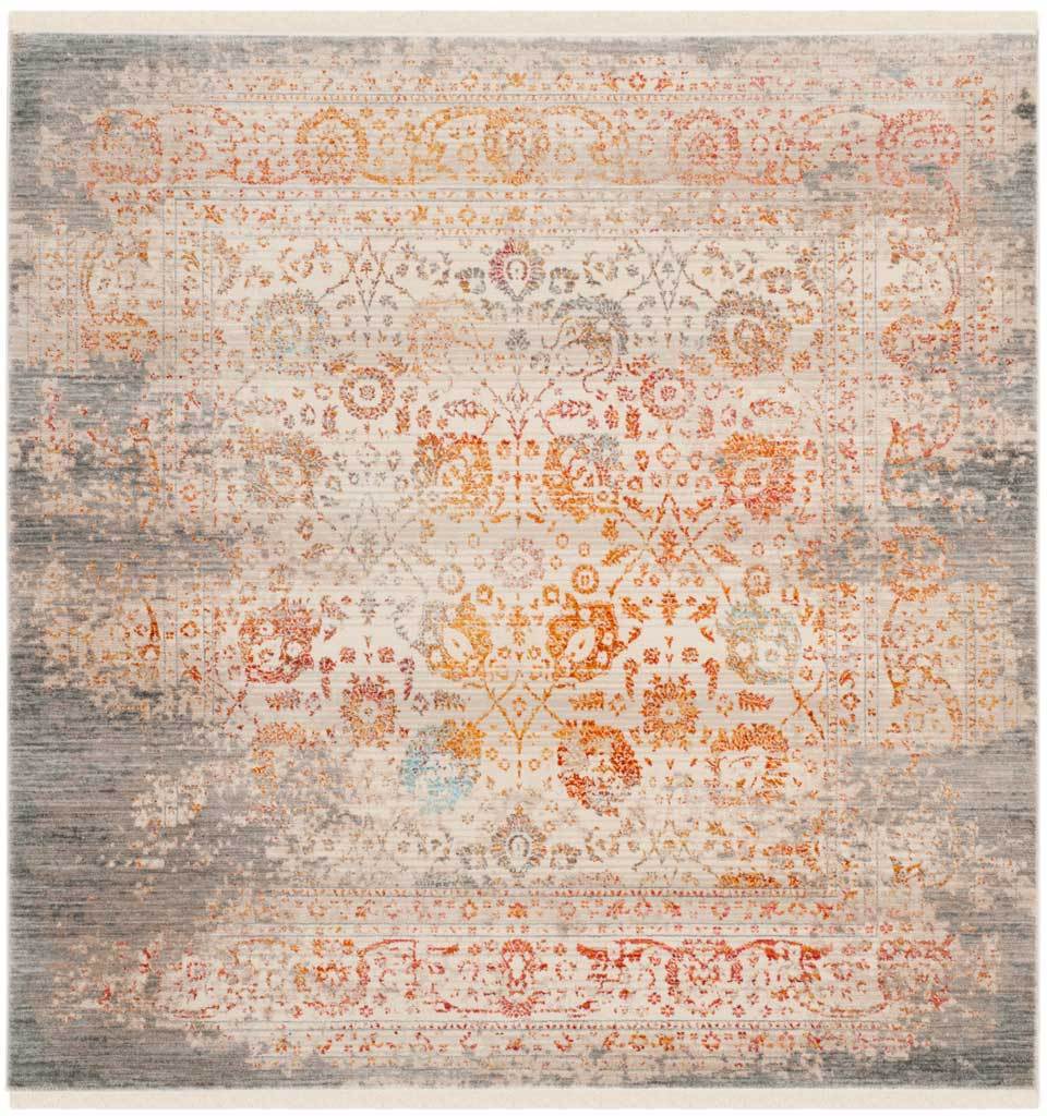Square gray rug with softly faded orange florals and a washed border
