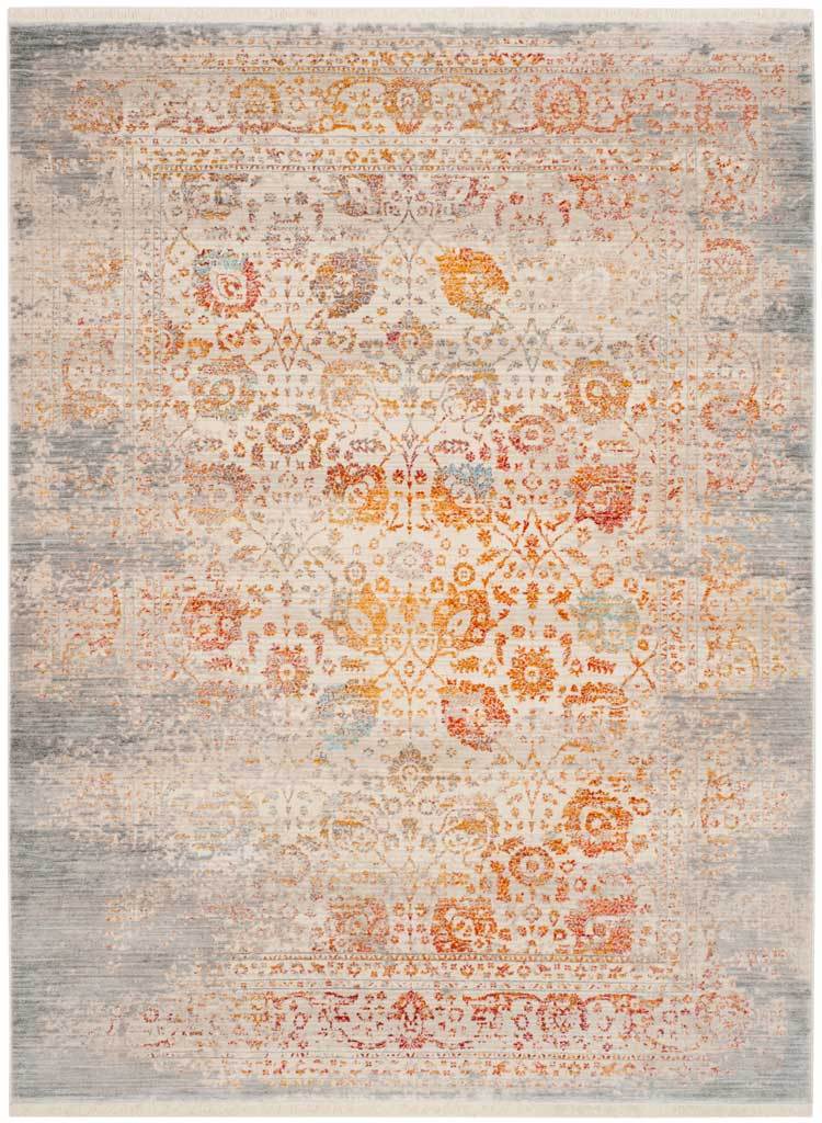 Soft gray rug blends orange botanical patterns with a distressed finish