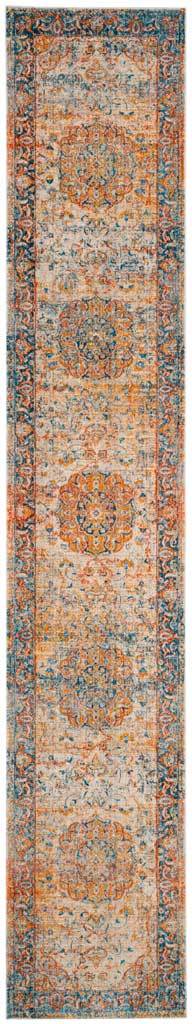 Extra-long blue runner repeats rust floral medallions within a distressed border