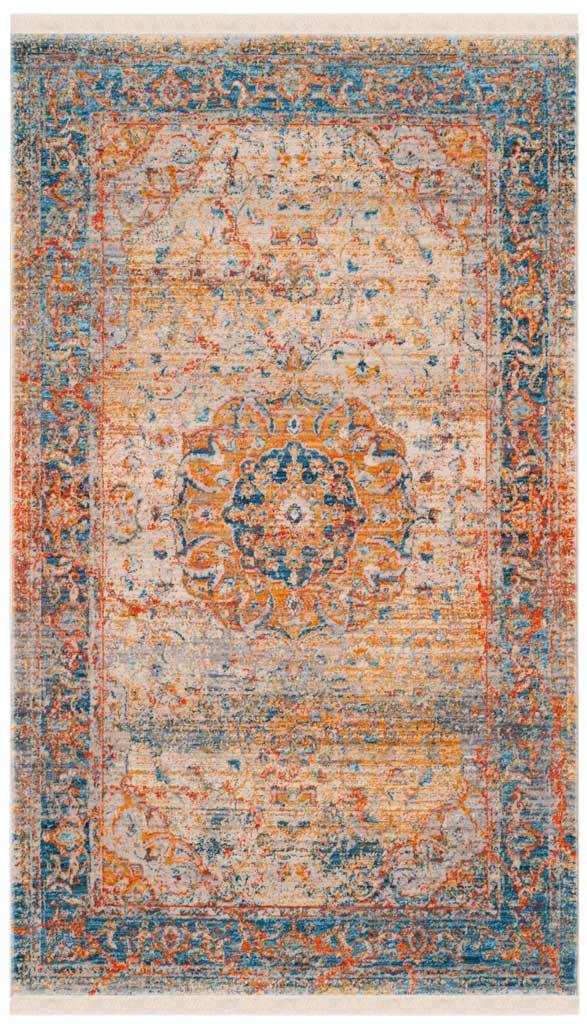 Compact blue and gold rug frames a floral medallion with scrolling borders