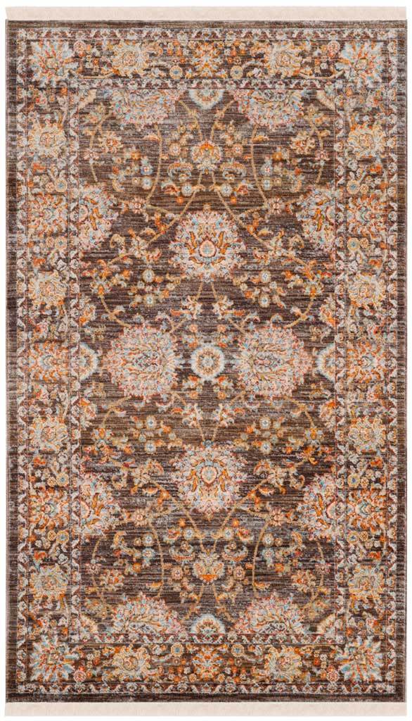 Small brown rug with cream flower medallions and detailed floral framing