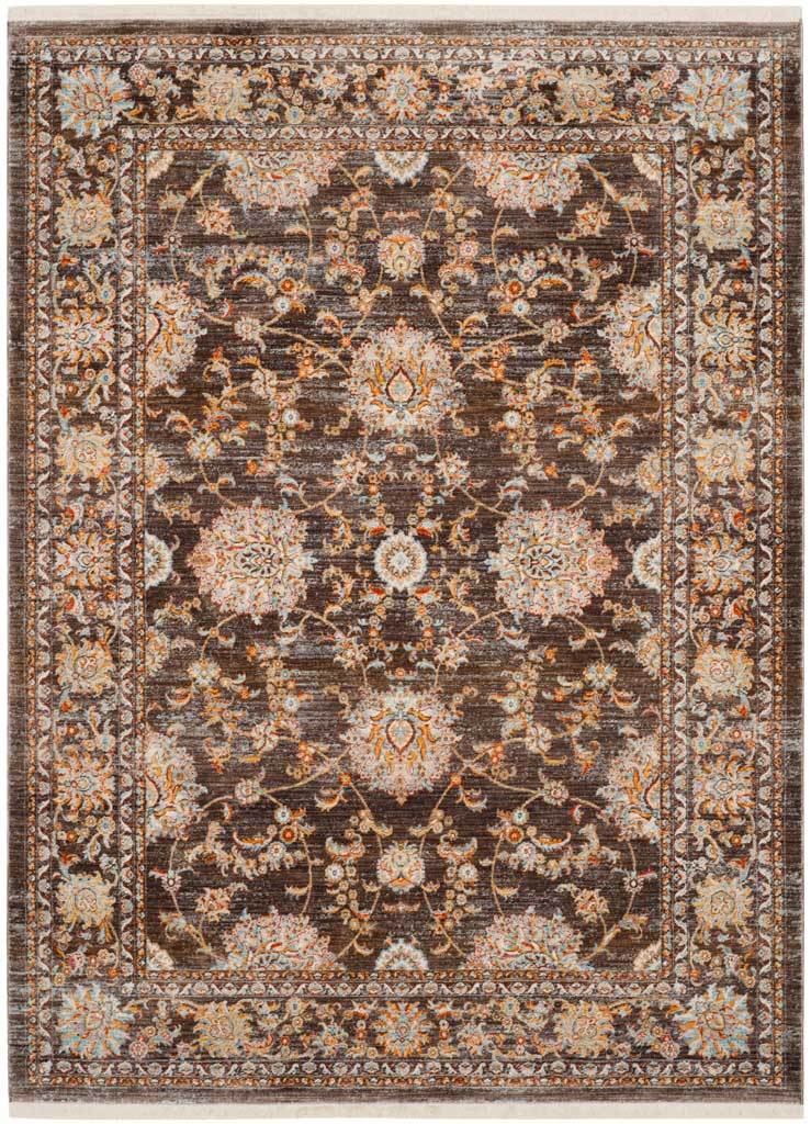 Chocolate brown rug with pale blue flowers and warm amber accents