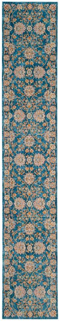Extra-long turquoise runner features repeating pale blossoms and intricate vine scrollwork