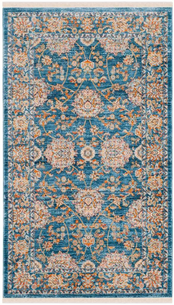 Compact blue rug layers ivory blossoms with vibrant orange floral accents