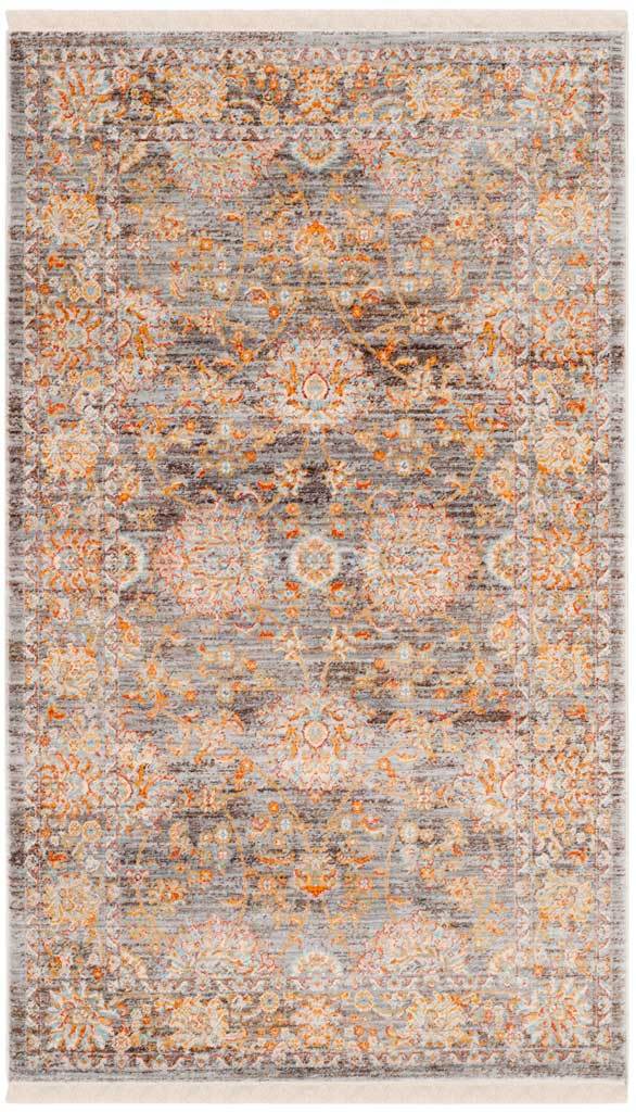 Compact taupe-brown rug layers cream and gold blossoms over an aged design