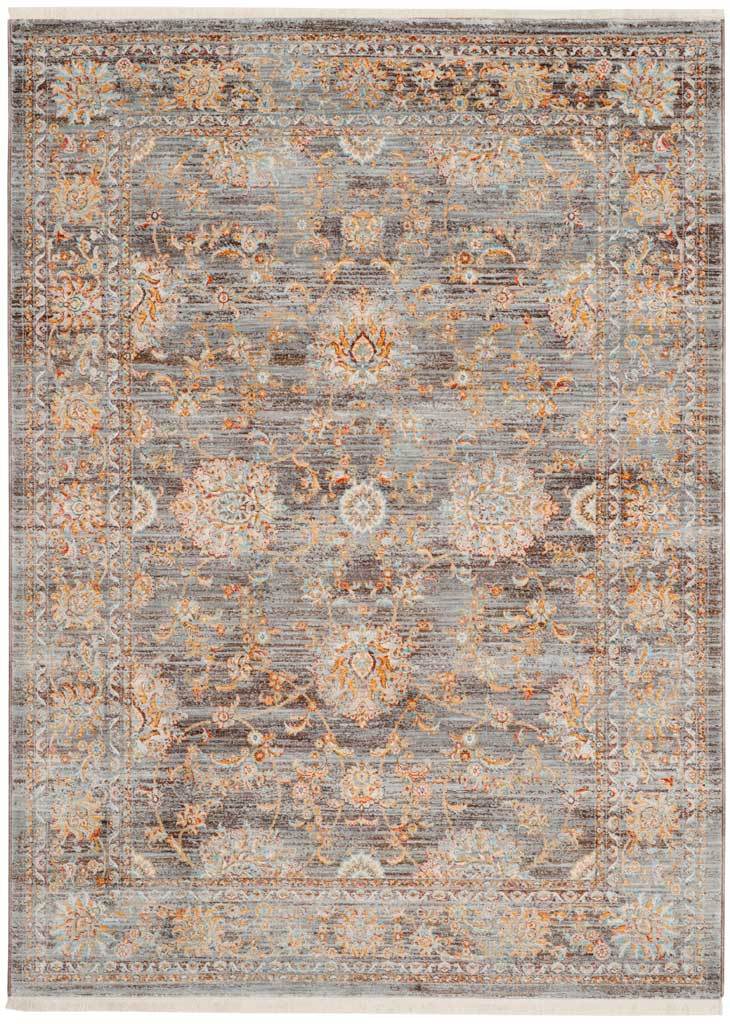 Muted brown rug with pale floral medallions and softly distressed borders