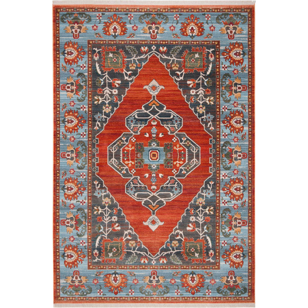 Rust rug framed by a blue floral border and dark botanical corner motifs