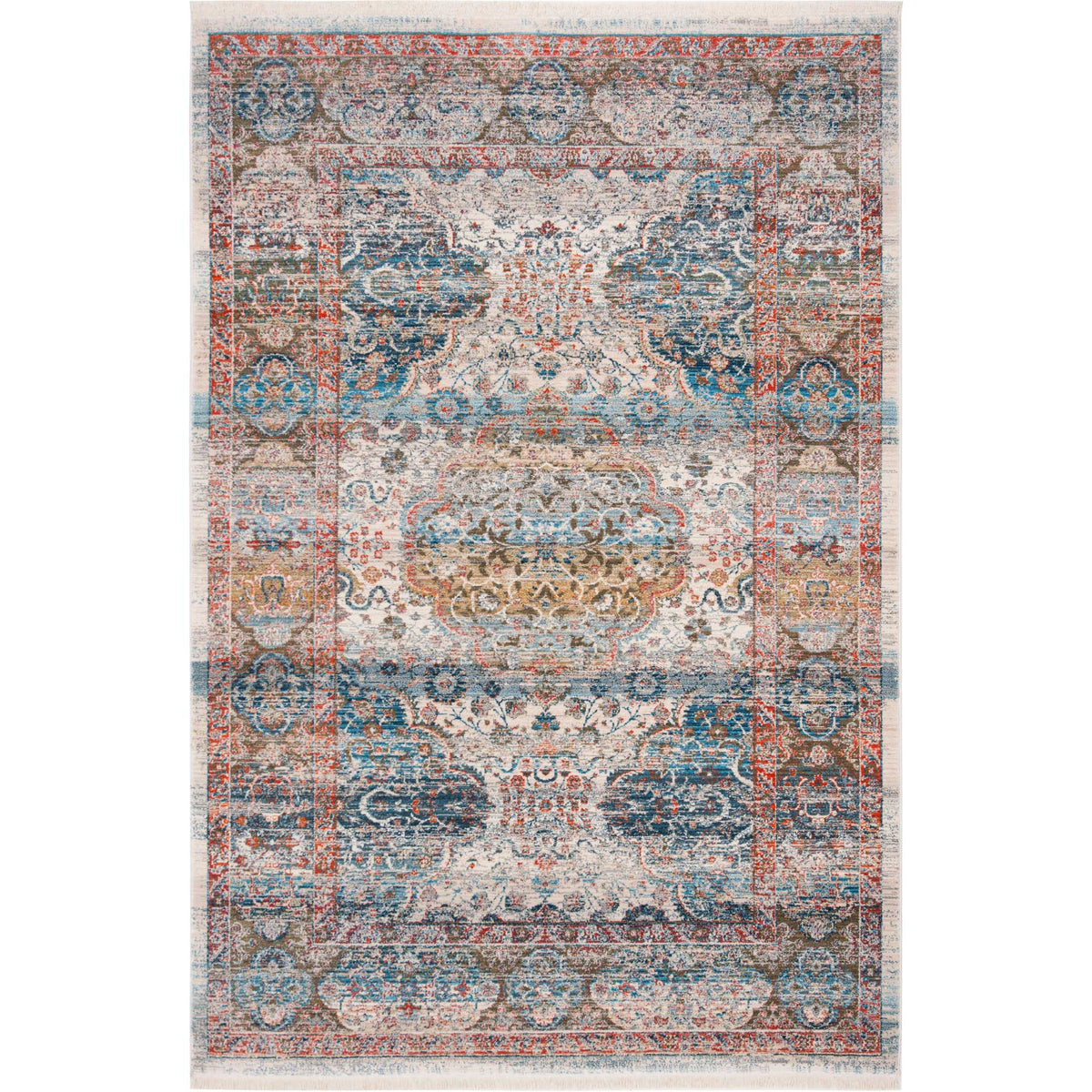 Light beige rug layers blue medallions with rust and coral floral accents
