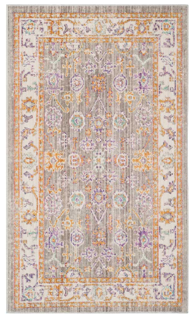 A compact gray and cream rug features a floral border and colorful vintage-inspired motifs