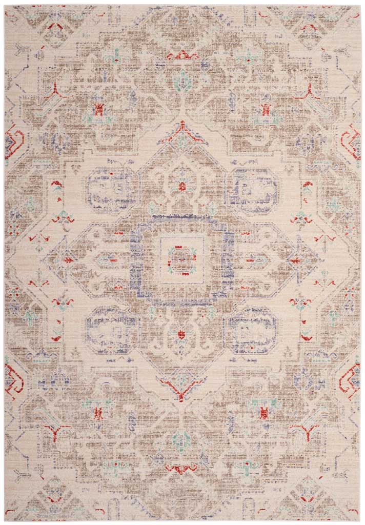 A softly distressed medallion and ornate border lend classic character to this neutral-toned rug.
