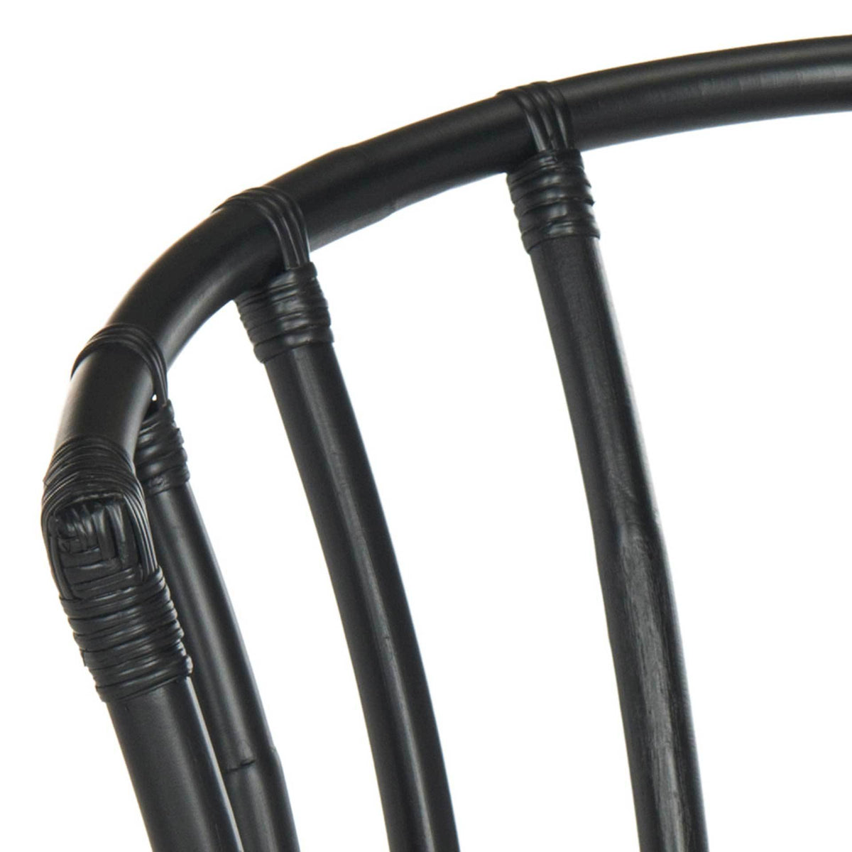 Wrapped joints accent the gently curved black rattan rail and slender spindles