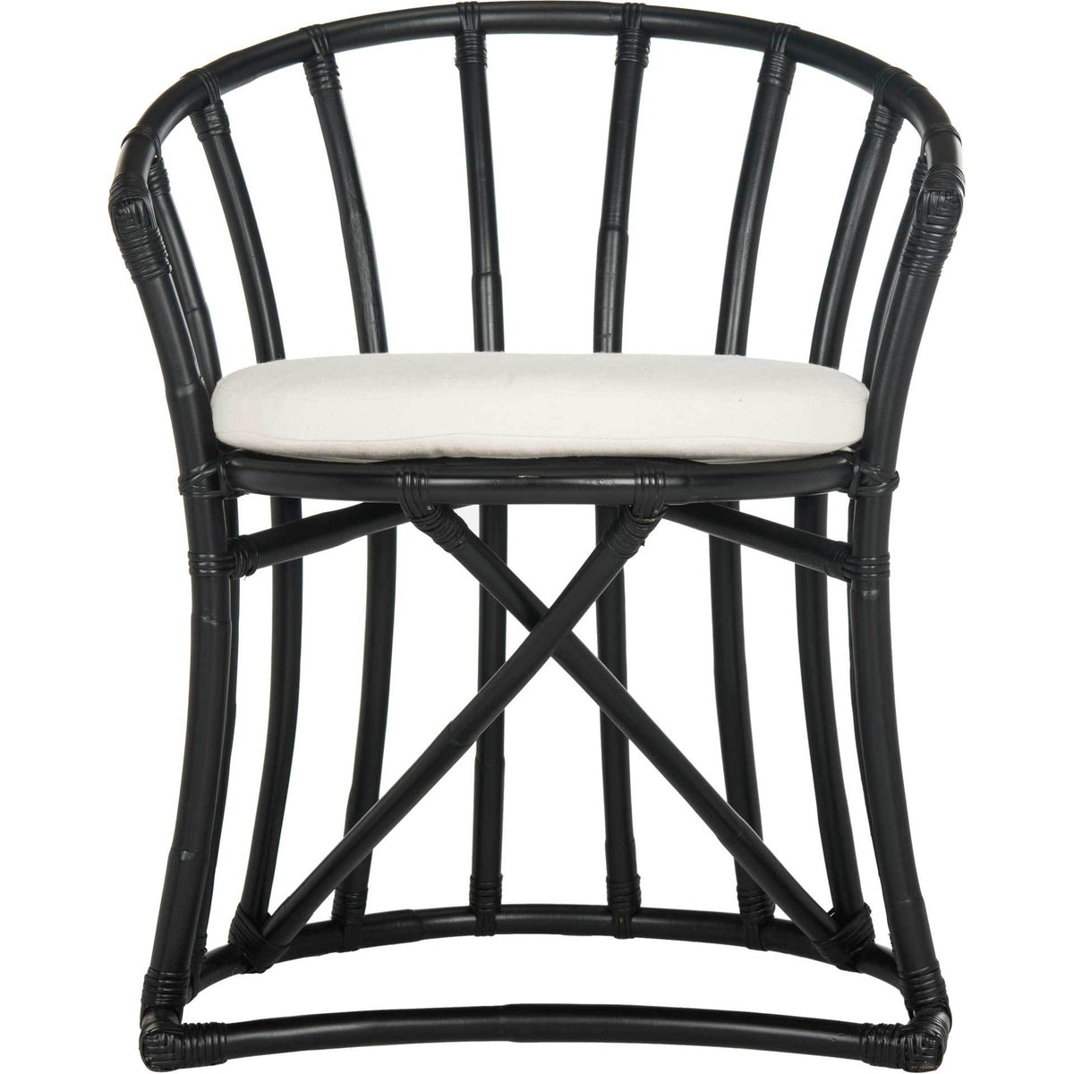 Black rattan accent chair pairs an open spindle back and cross-braced base with a white cotton seat cushion || WIK6500A || front_studio