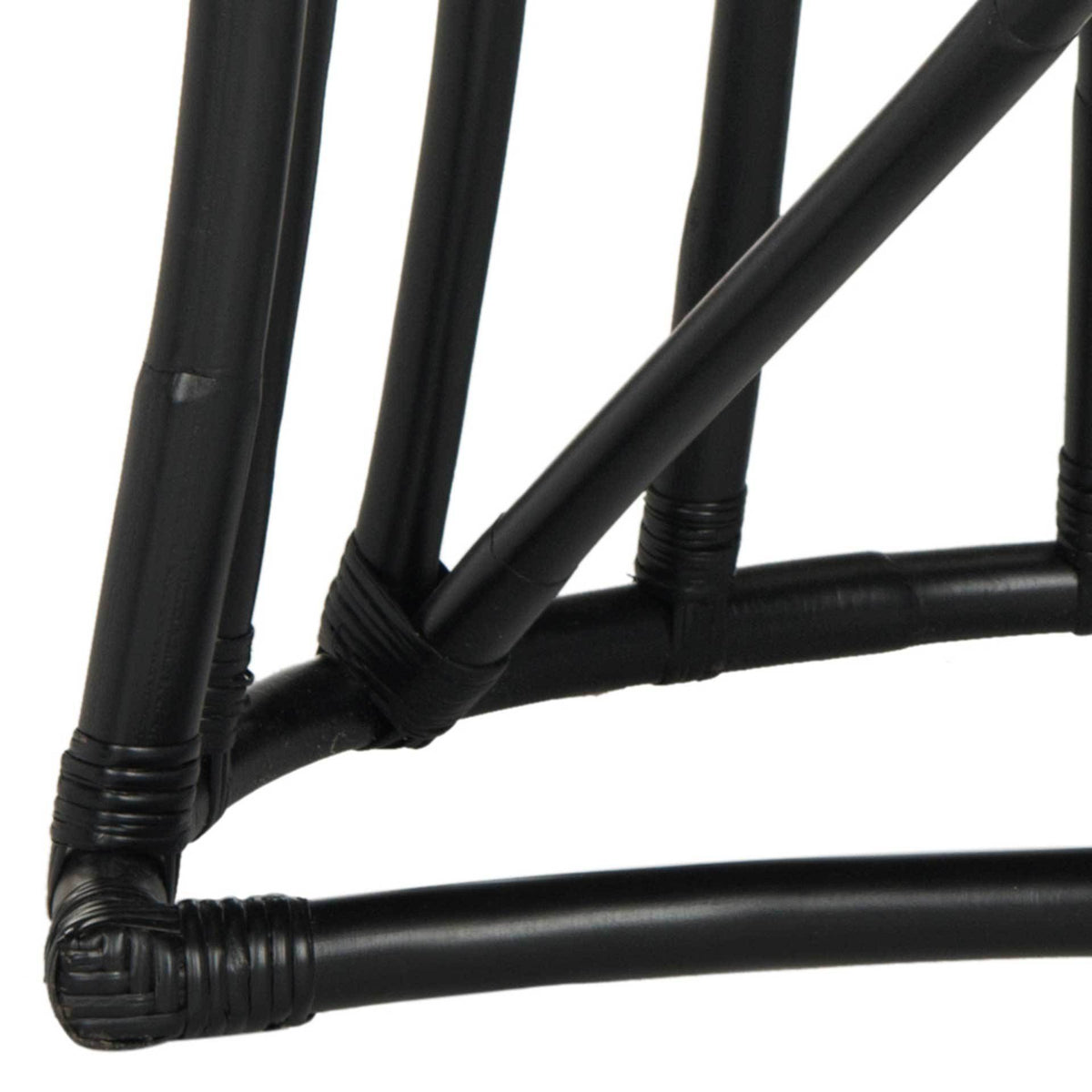 Black rattan legs meet curved floor rails with diagonal bracing and wrapped joints