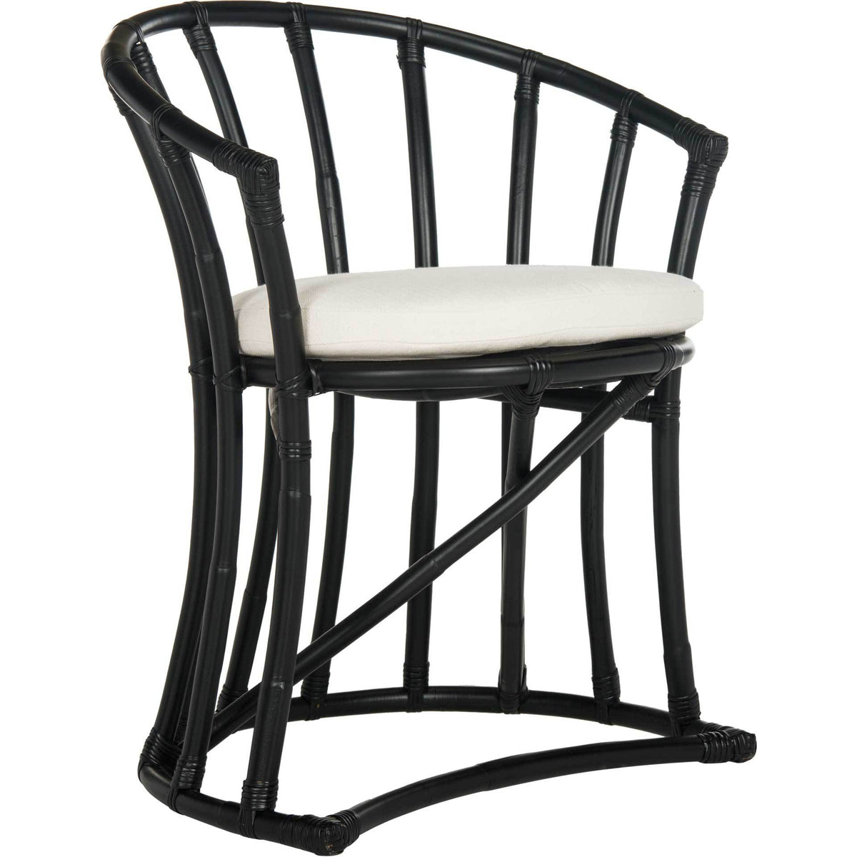A curved black rattan frame and white cushioned seat create an airy accent chair || WIK6500A || front_angle_studio