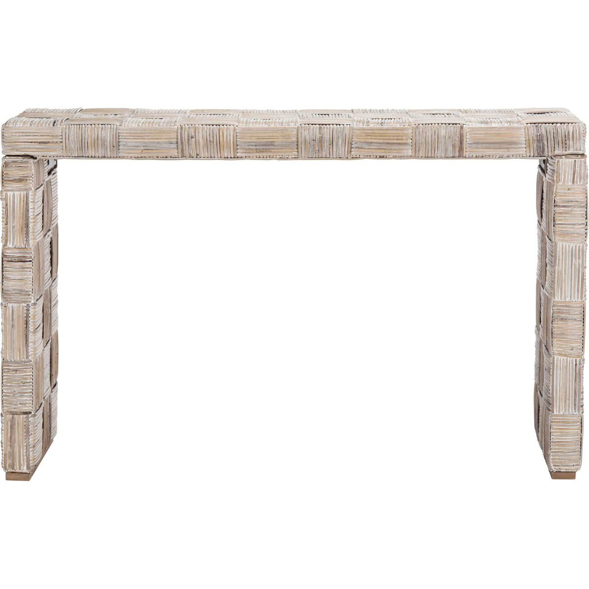 Open-frame console pairs a woven rattan top with substantial whitewashed panel legs || WIK6502A || front_studio