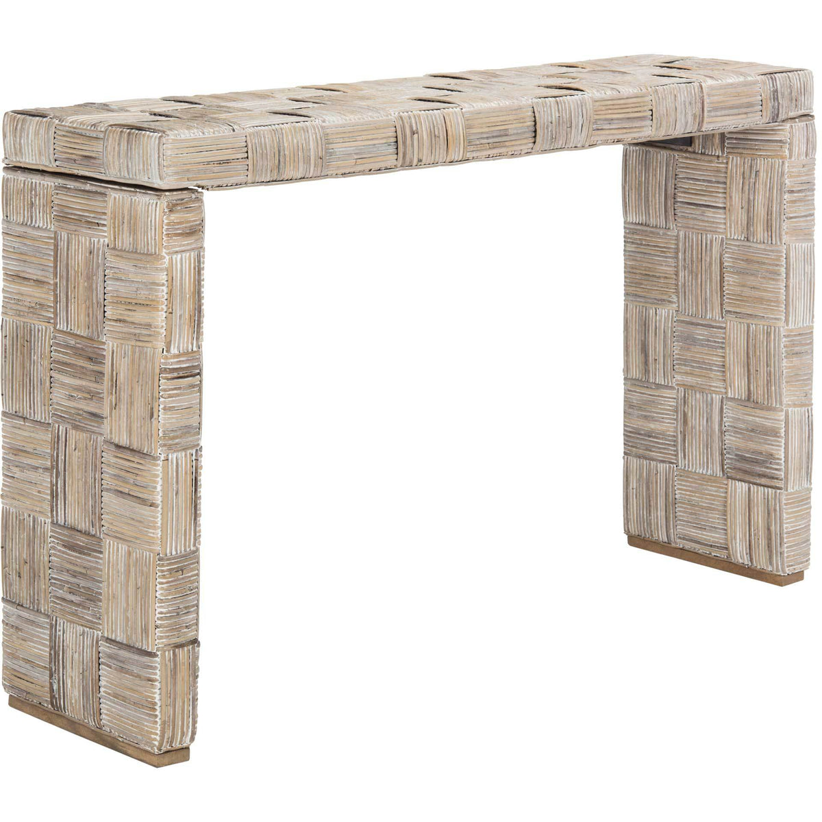 Whitewashed rattan console showcases a woven top and textured end panels || WIK6502A || front_angle_studio