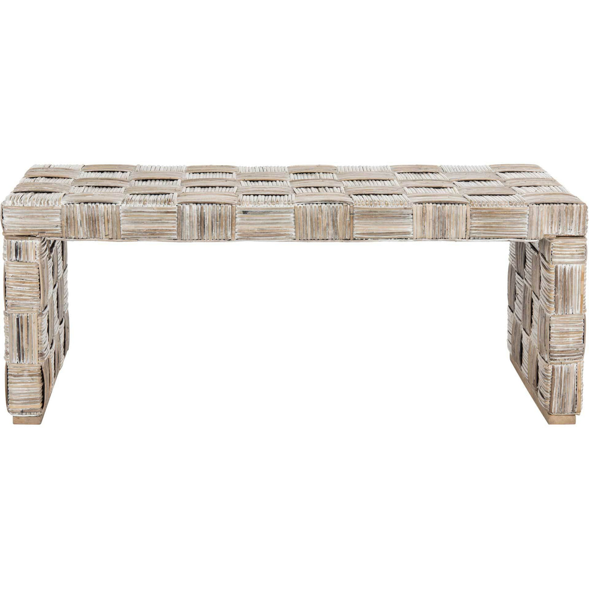 Open-base rattan coffee table with a crosshatch top and chunky end supports || WIK6503A || front_studio