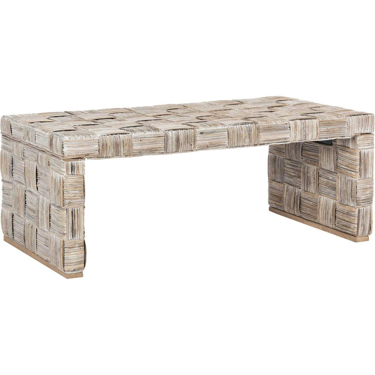 Whitewashed rattan coffee table with a thick woven top and sturdy panel legs || WIK6503A || front_angle_studio