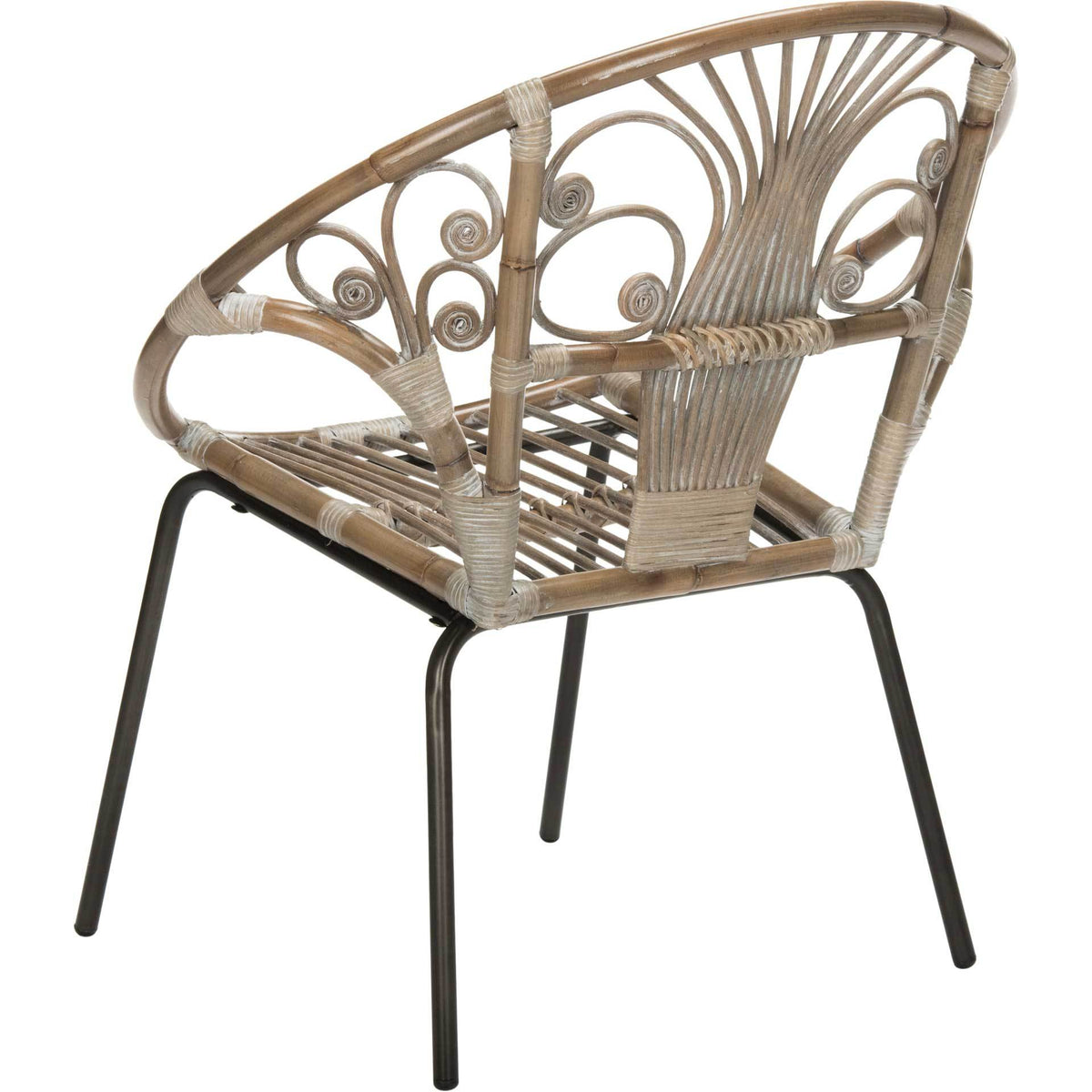 Wrapped rattan joints and delicate scrollwork accent the chair's sculptural open back