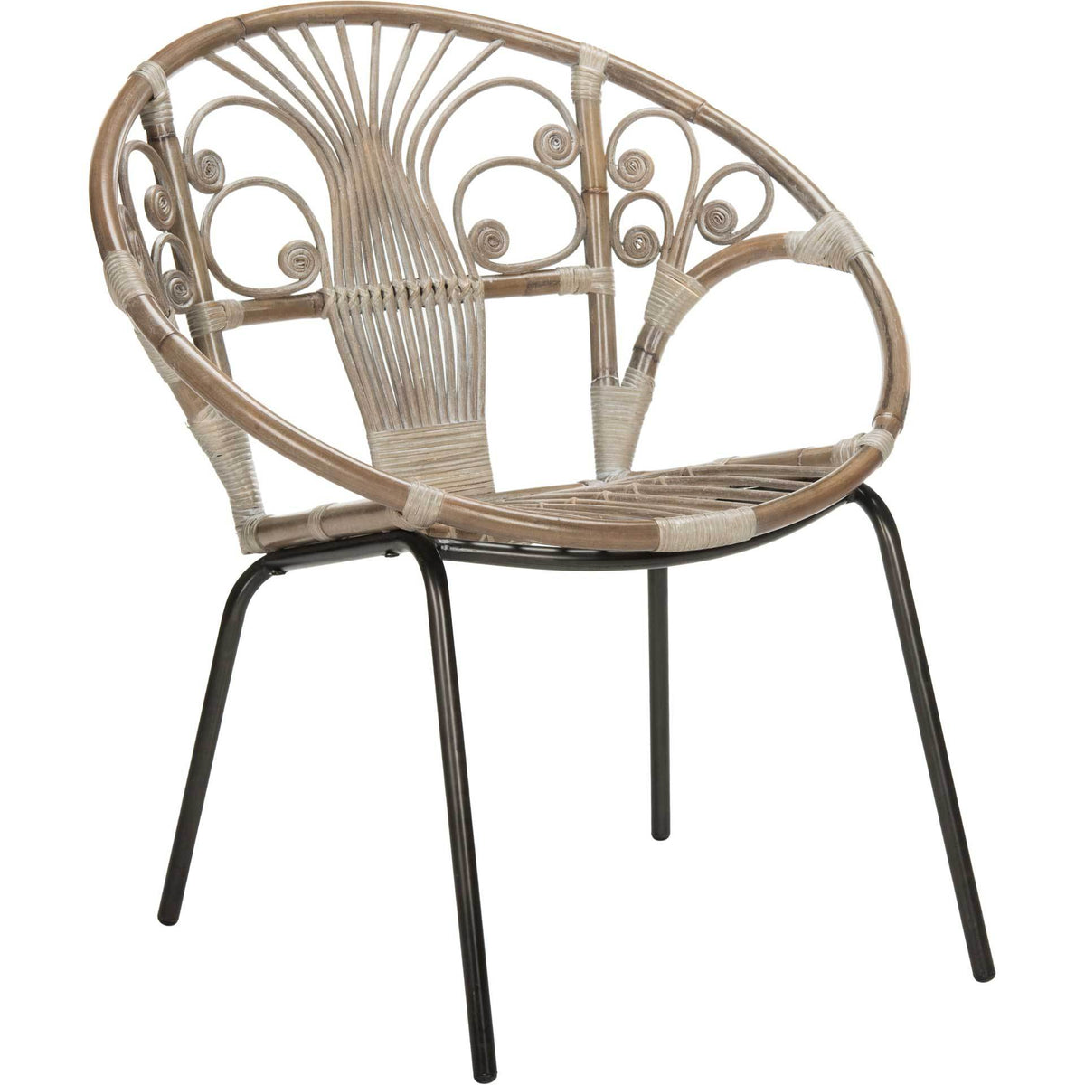 Sweeping rattan arms frame a slatted seat and curled accents above slender black metal legs