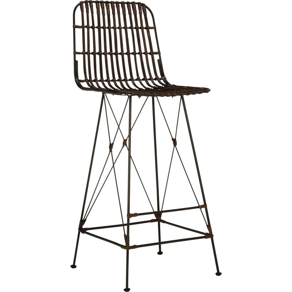 Tall brown rattan bar stool with a curved woven seat, black iron legs, and a footrest || WIK6508A-SET2 || front_angle_studio