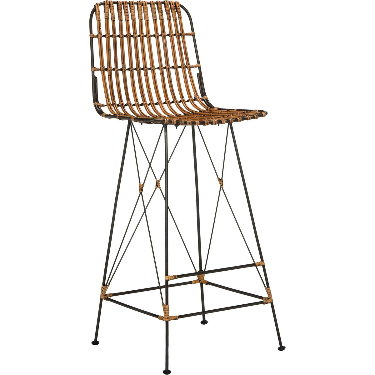 Natural brown rattan bar stool combines an open slatted back with slender black metal legs || WIK6508B-SET2 || front_angle_studio