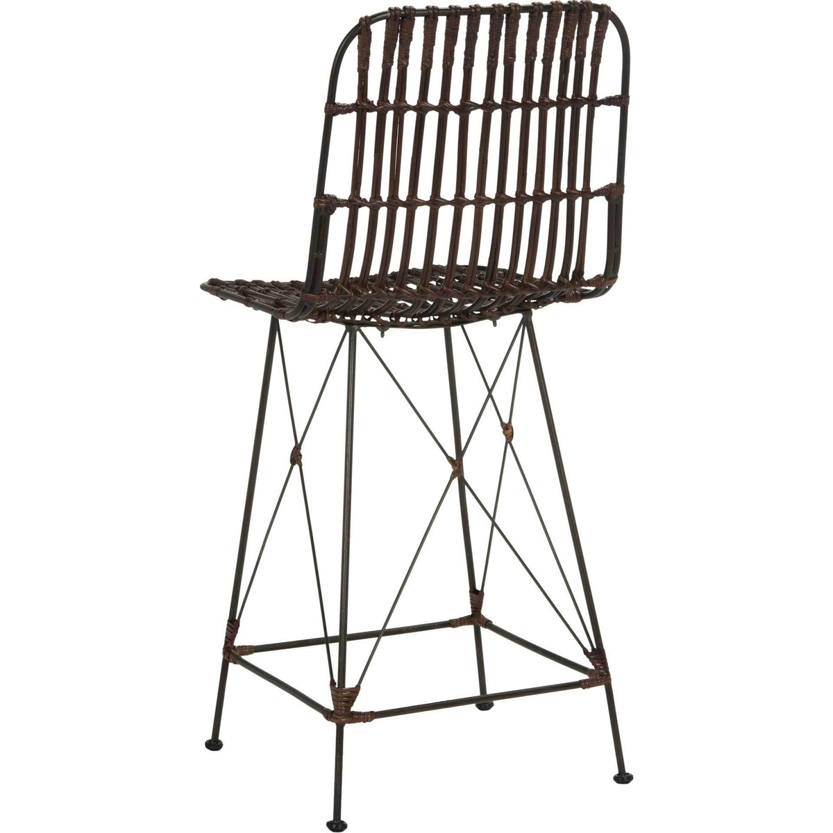 Open-weave brown rattan back and seat pair with delicate black iron cross-bracing