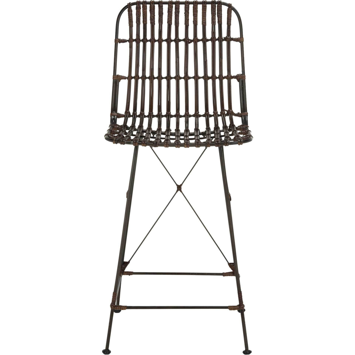 Deep brown wicker counter stool with a gently curved back and cross-braced iron legs || WIK6509A-SET2 || front_studio