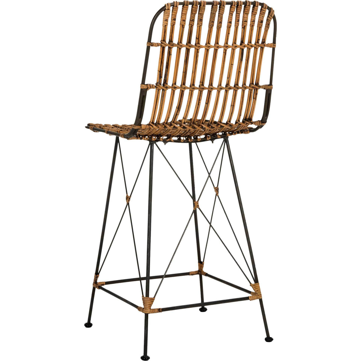 Honey-brown woven rattan slats and a delicate black metal base give this counter stool an airy feel