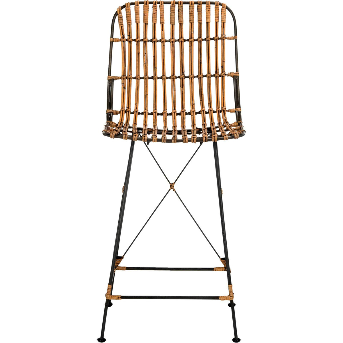 Natural brown wicker counter stool pairs a curved backrest with airy black iron cross-bracing || WIK6509B-SET2 || front_studio