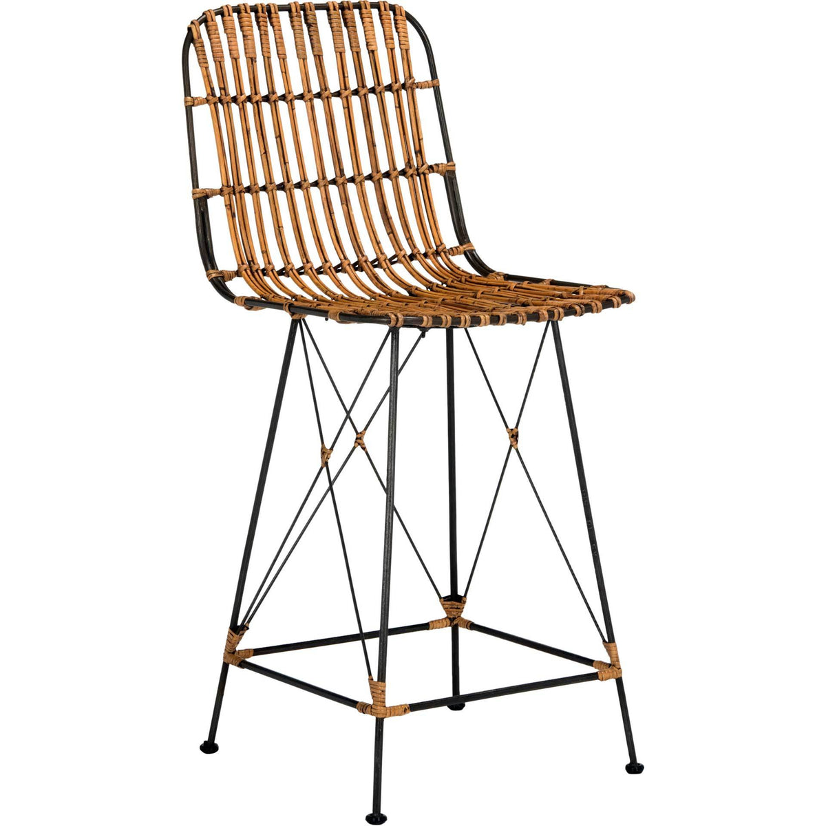 Natural brown rattan counter stool with an open slatted back and slim black iron frame