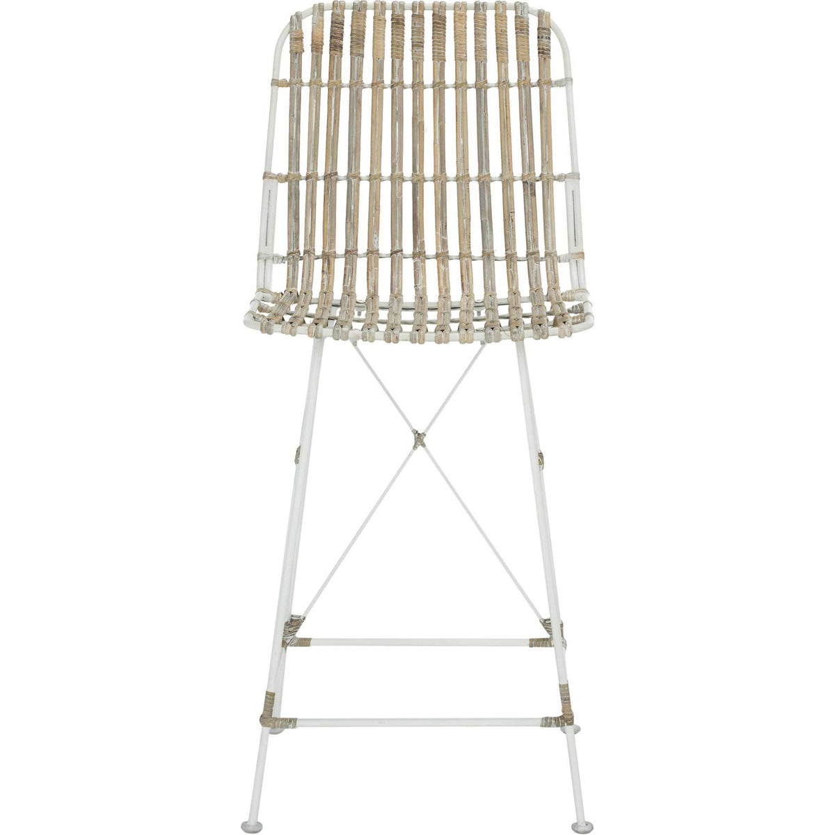Whitewashed wicker counter stool has an airy slatted back and delicate white cross-braced base || WIK6509C-SET2 || front_studio