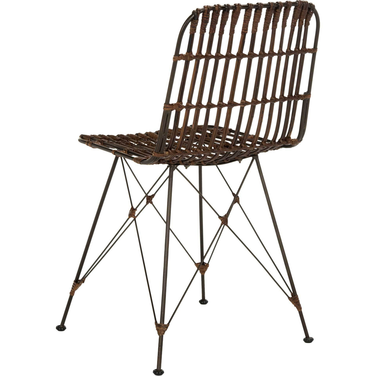Open rattan weaving wraps the tall back and seat above a delicate black metal frame.