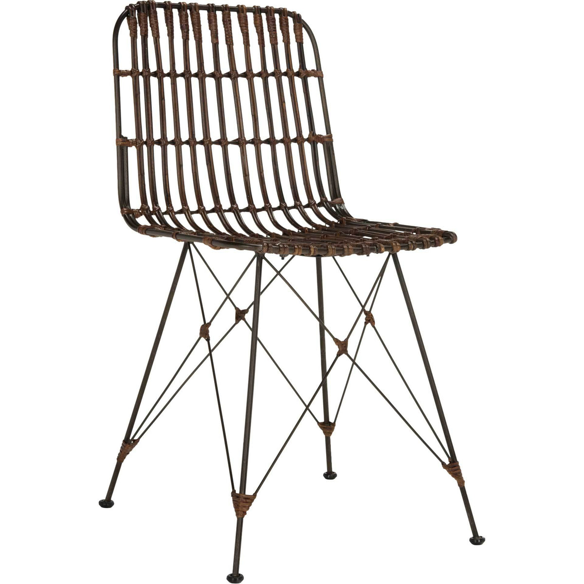 A sculptural pecan brown wicker seat rests on slender black iron legs with angular cross supports. || WIK6510A-SET2 || front_angle_studio