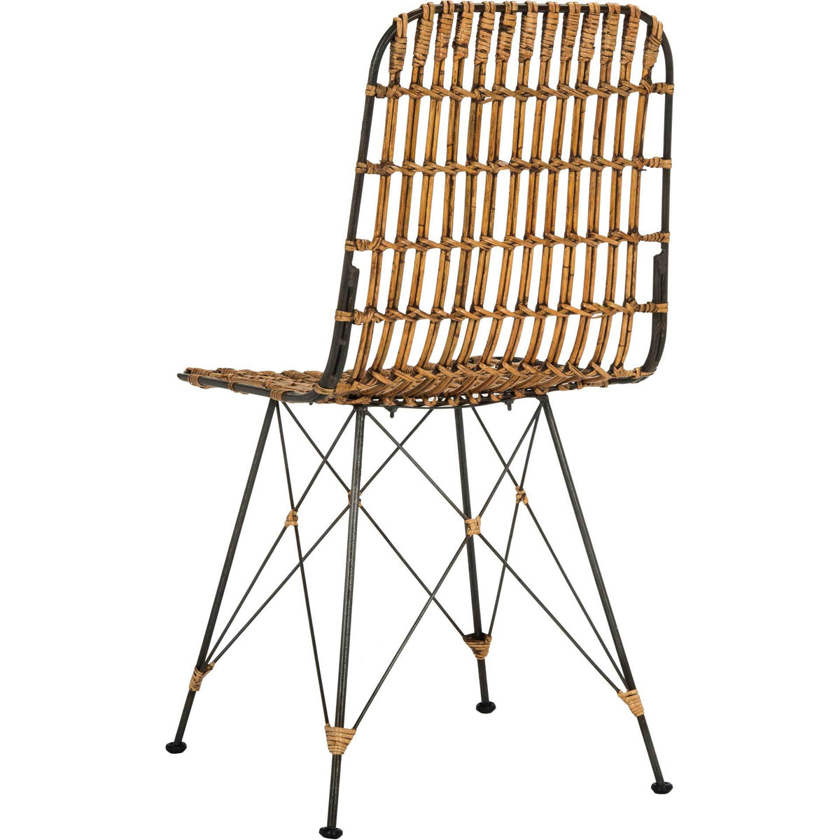 Spaced natural brown rattan strands give the gently arched back an airy, woven texture.